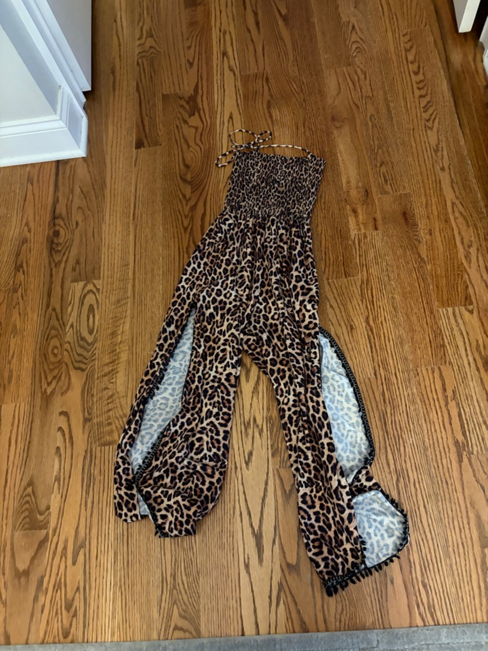 Girls' Leopard Print Smocked Strapless Romper in Brown
